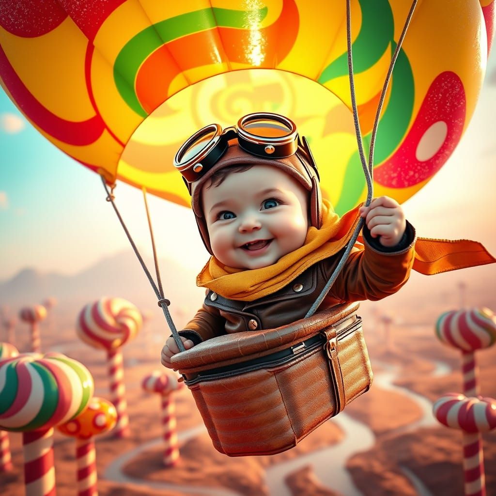 Baby Pilot Soars Over Whimsical Candy Land in Vibrant Hot Ai...