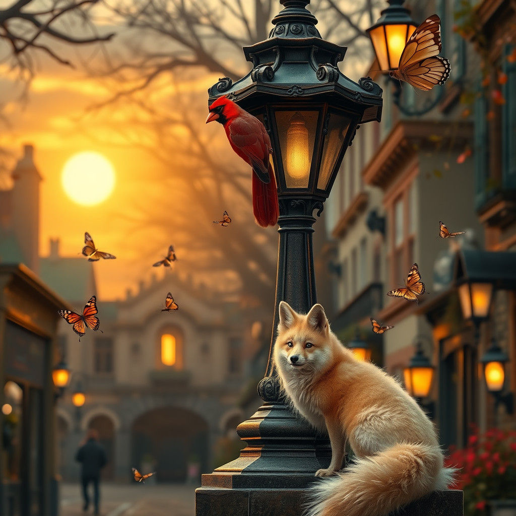 Cardinal and Fox in Victorian Town at Sunset