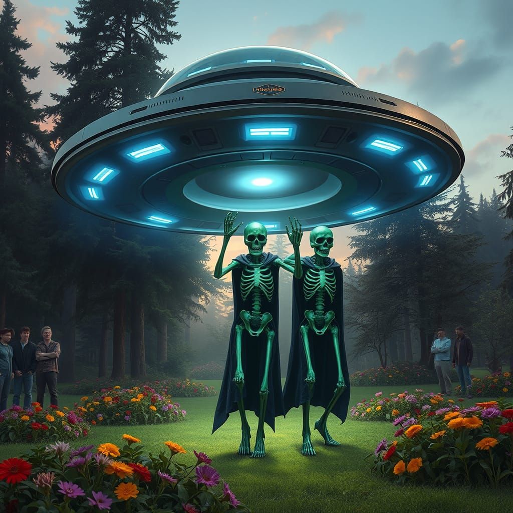 Alien Beings Emerge from UFO in a Lush Garden