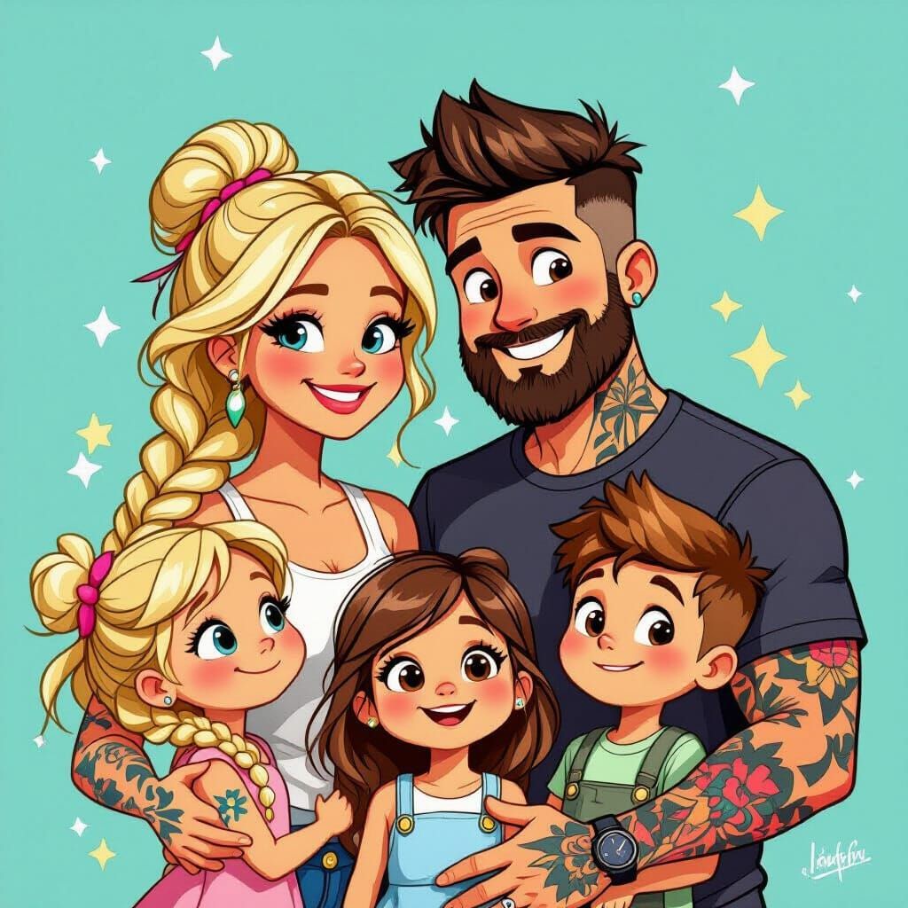 Cartoon Family Portrait in Vibrant Style
