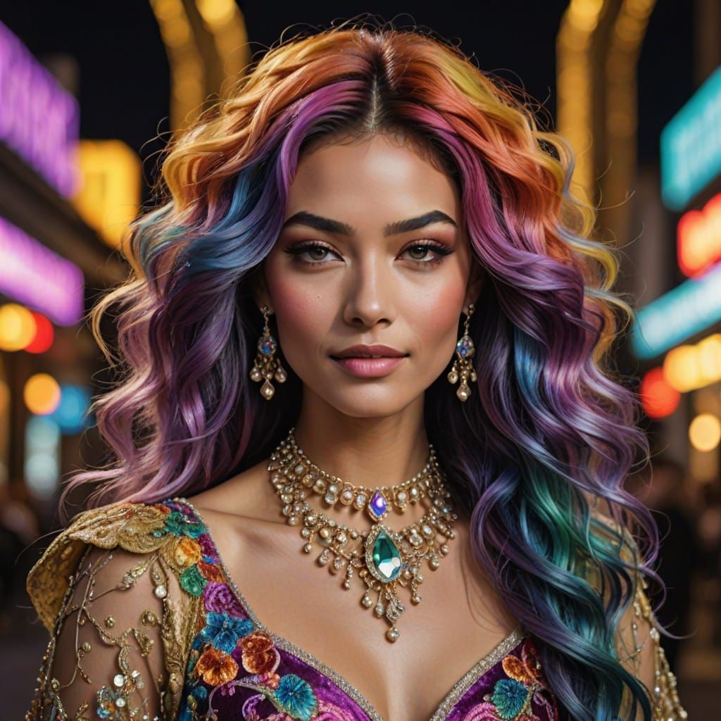 Hyperrealistic Rainbow Hair with Diamond Necklace in Etherea...