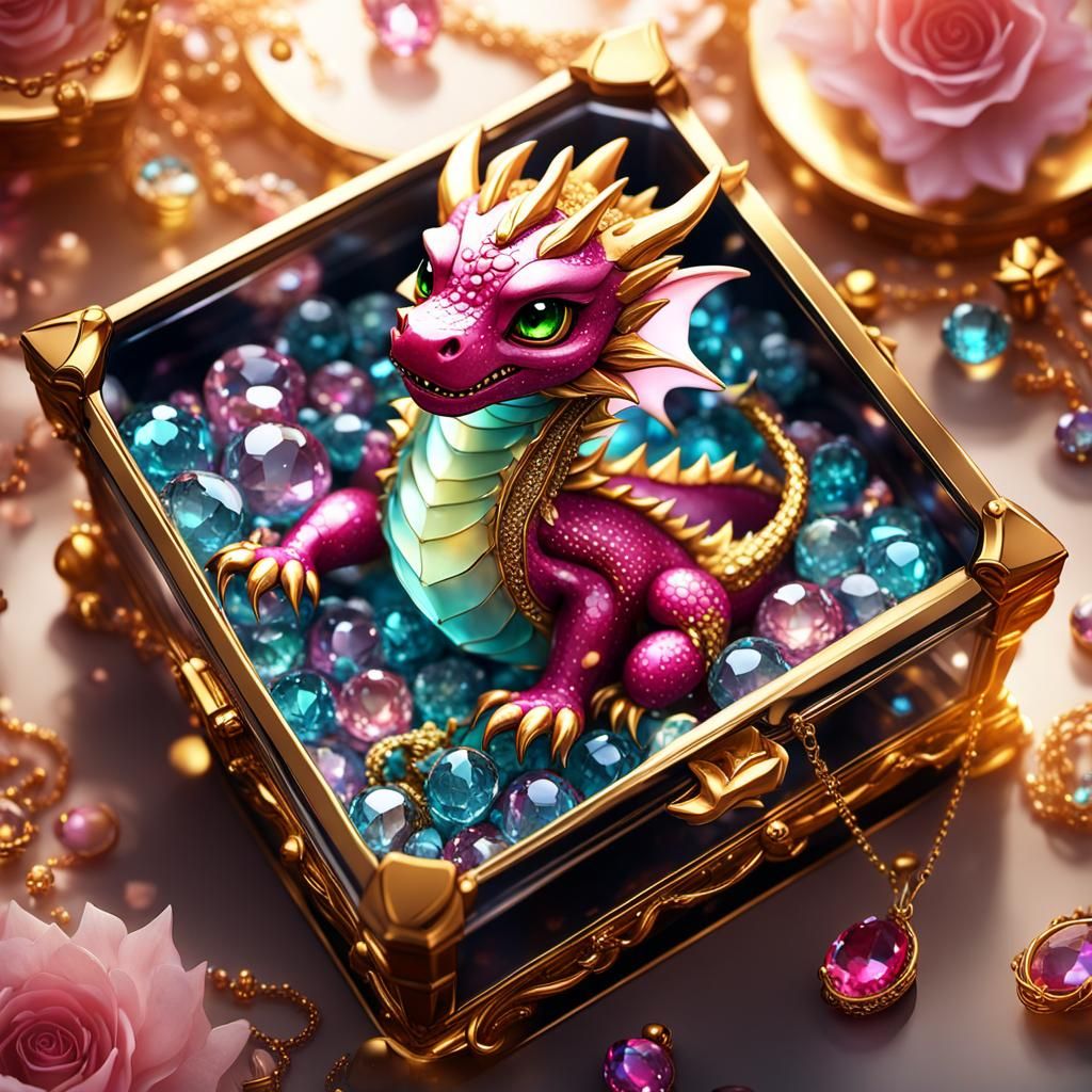 Cute Baby Dragon in Jewelry Box, Anime Style