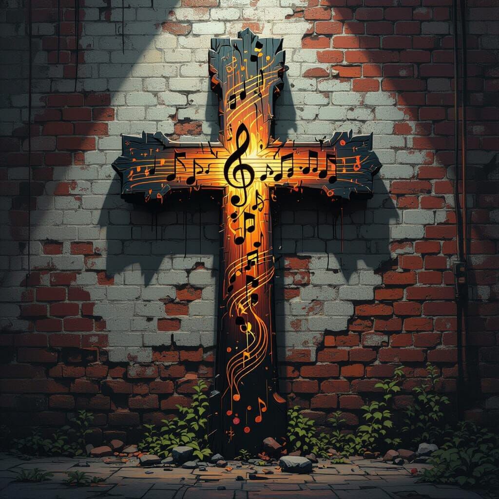 Musical Cross Against Brick Wall, Digital Concept Art