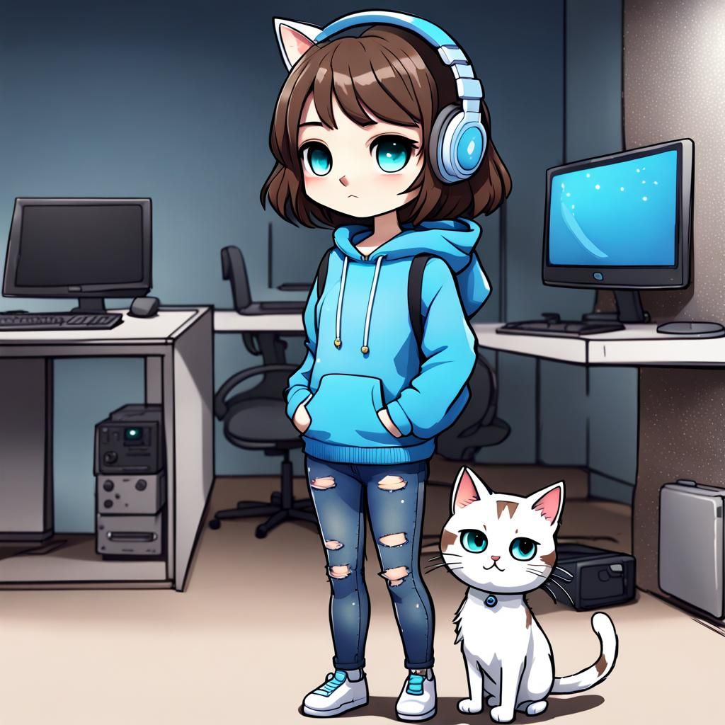 Chibi Girl with Cat in Anime Style