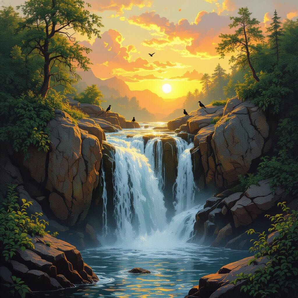 Waterfall Landscape with Golden Sunrise Light