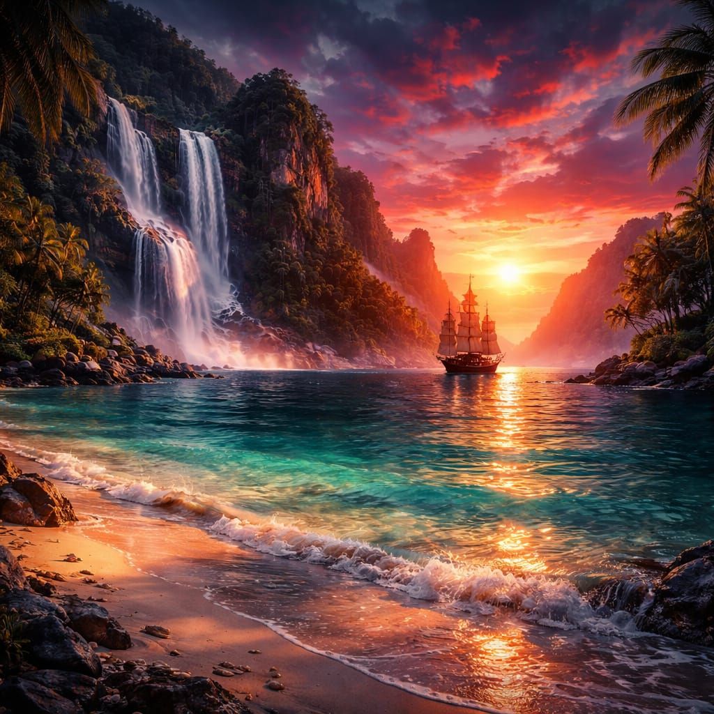 Vibrant Surreal Sunset Over Magical Bay with Ship