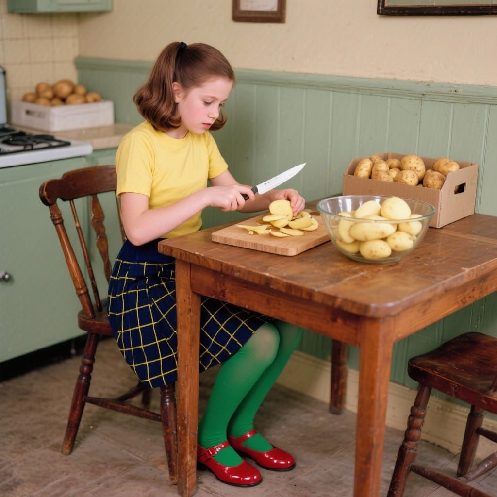 Girl Concentrates on Peeling Potatoes in 1950s Kitchen
