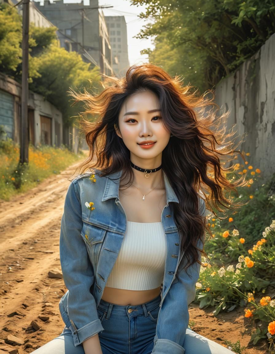 Korean Woman in Watercolor at Sunset