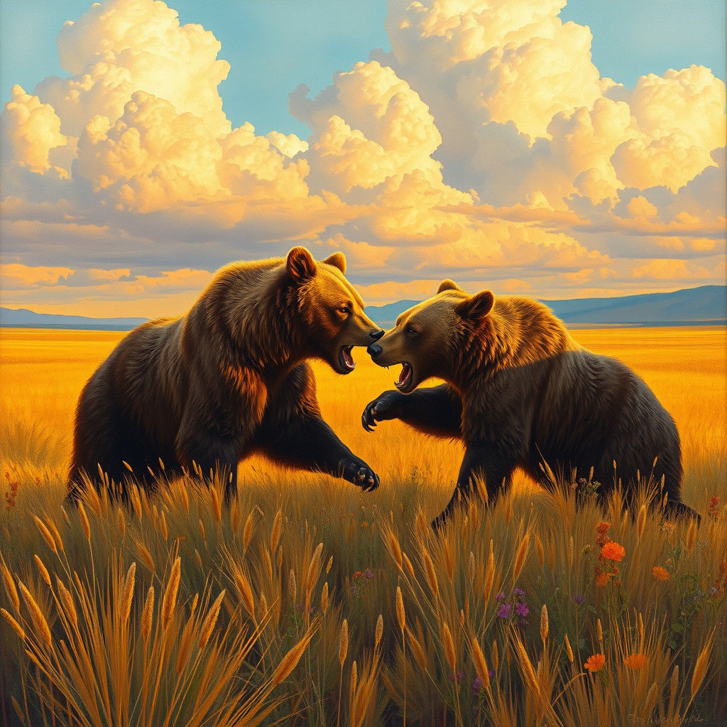Bears Duel on Golden Prairie, Impasto Painting