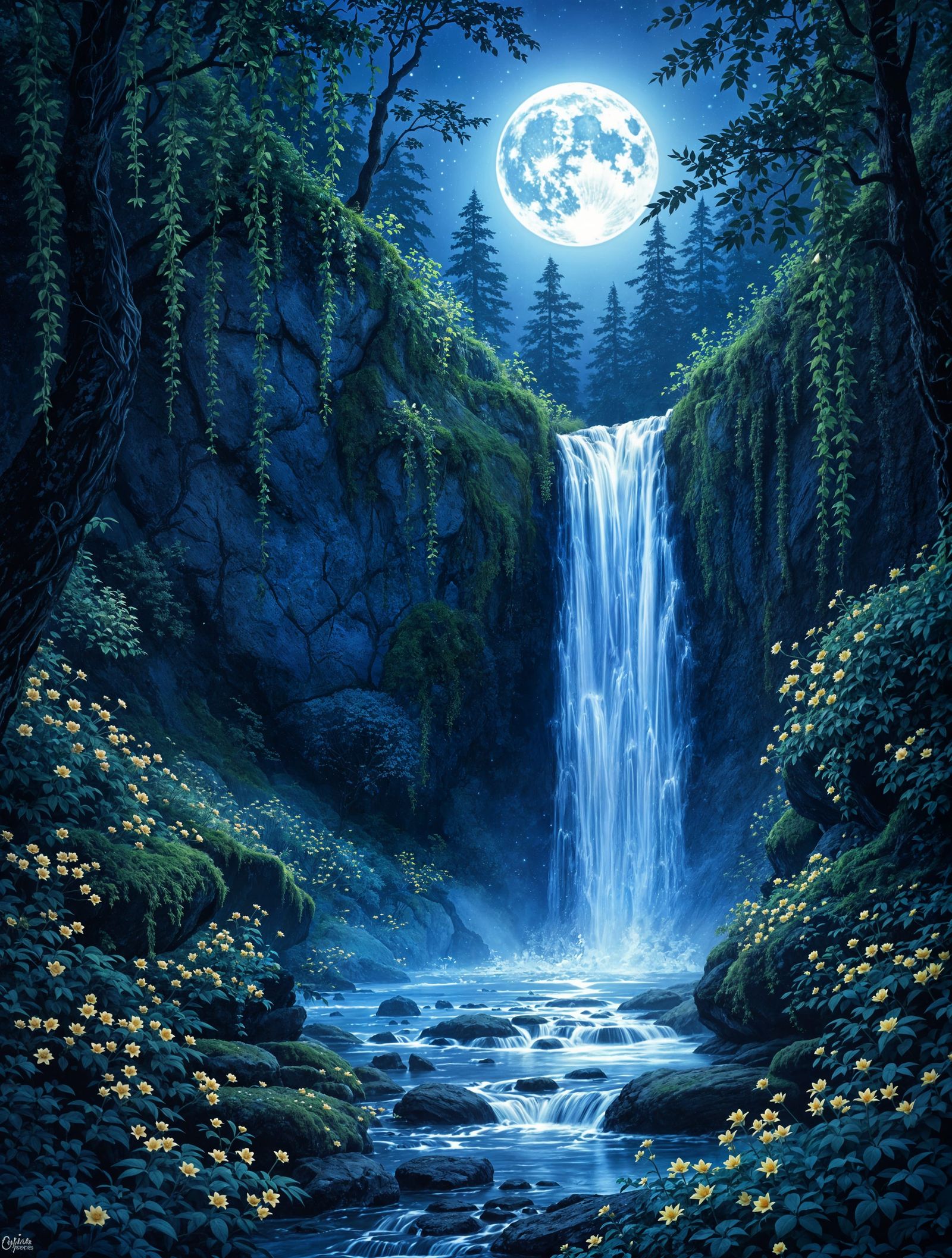 Dreamy Nighttime Waterfall Scene in Enchanted Forest