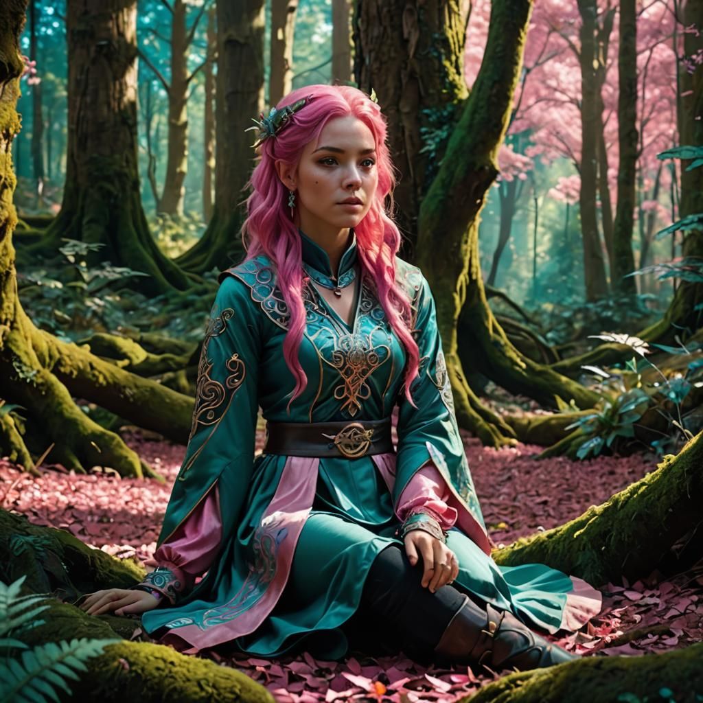 Sídhe with Pink Hair in Magical Forest