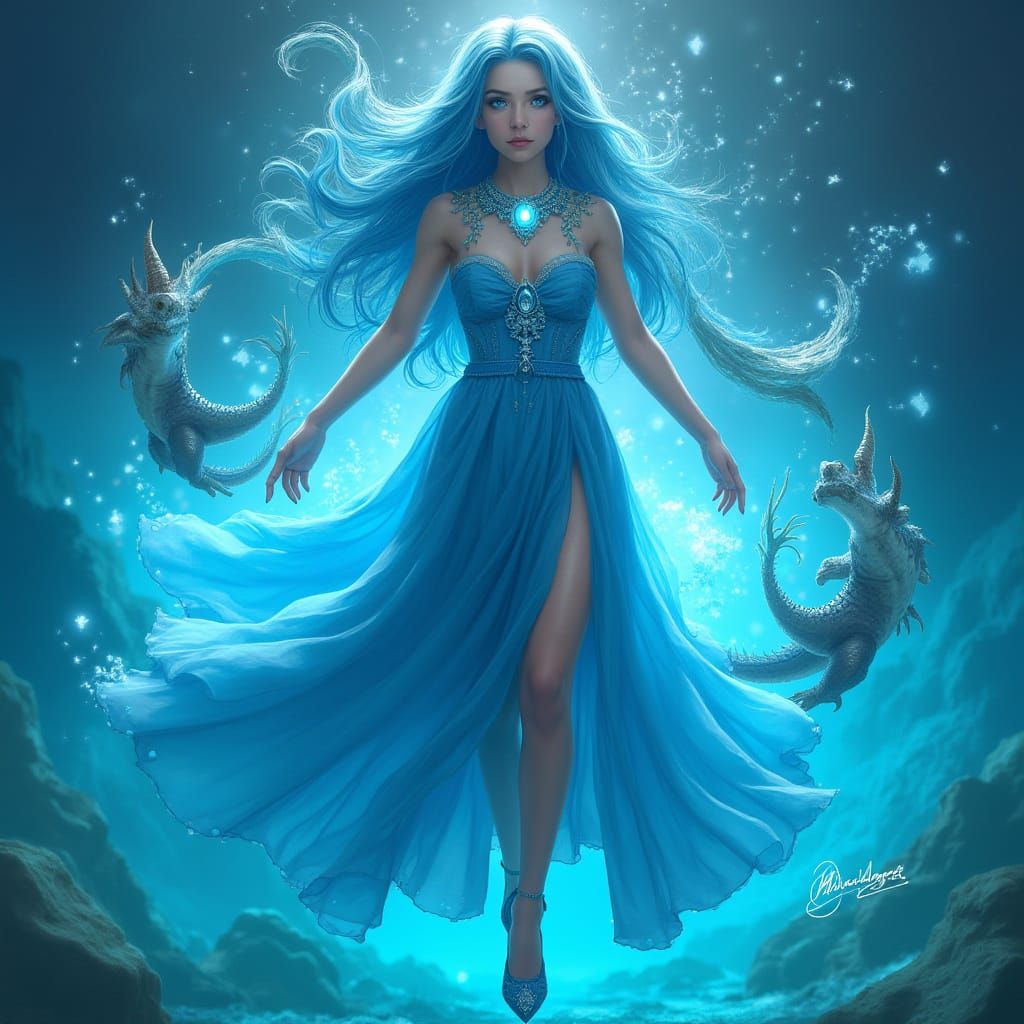 Girl Embodied with Oceanic Magic and Radiant Sapphires