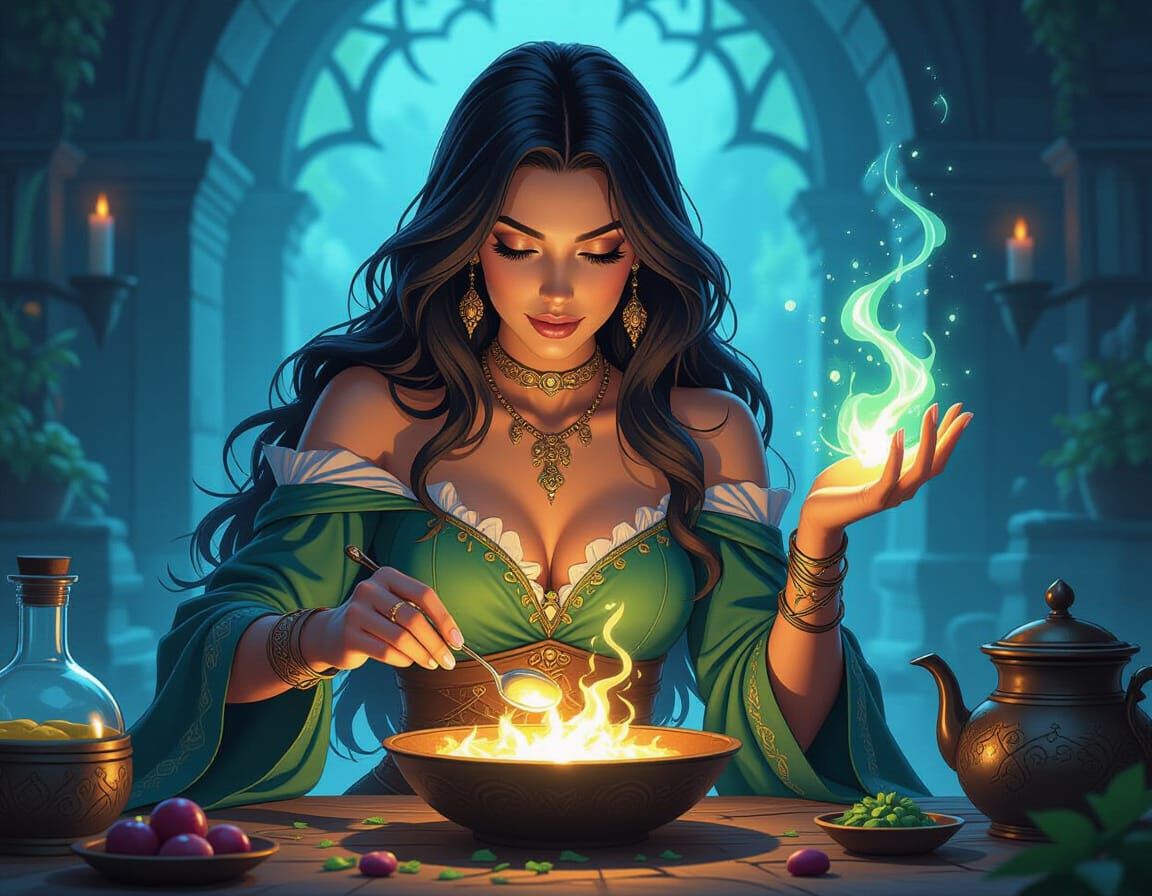 Sorceress Cooking Mystical Meal in Comic Art Style