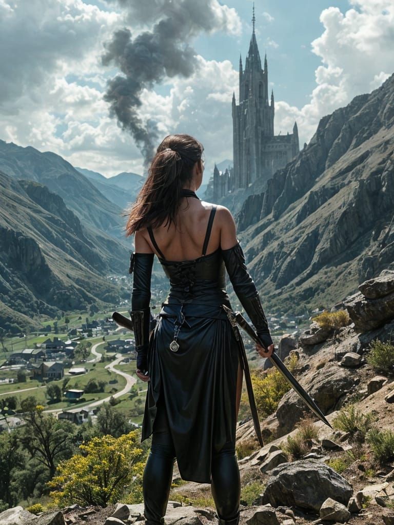 Elf Ninja Surveys Dark Tower in Fantasy Landscape