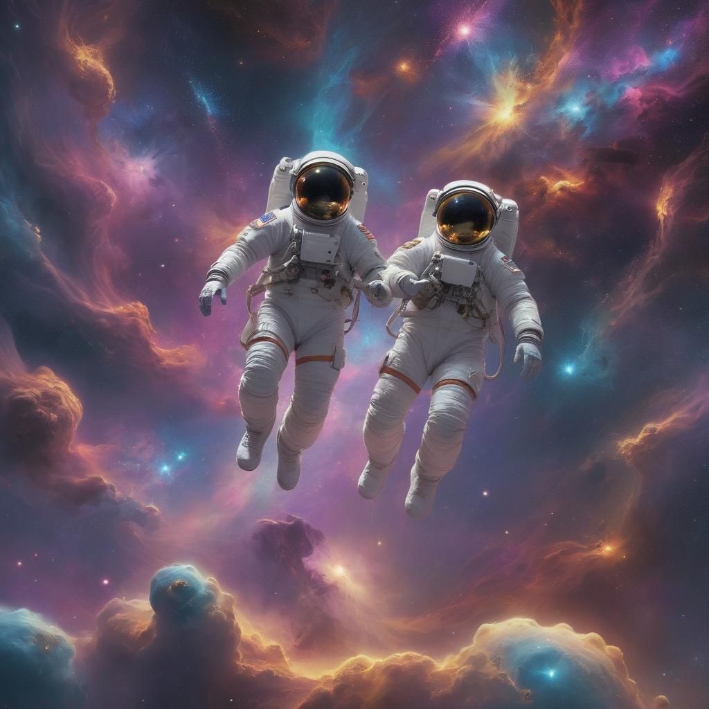 Astronauts Floating Through a Vibrant Galaxy
