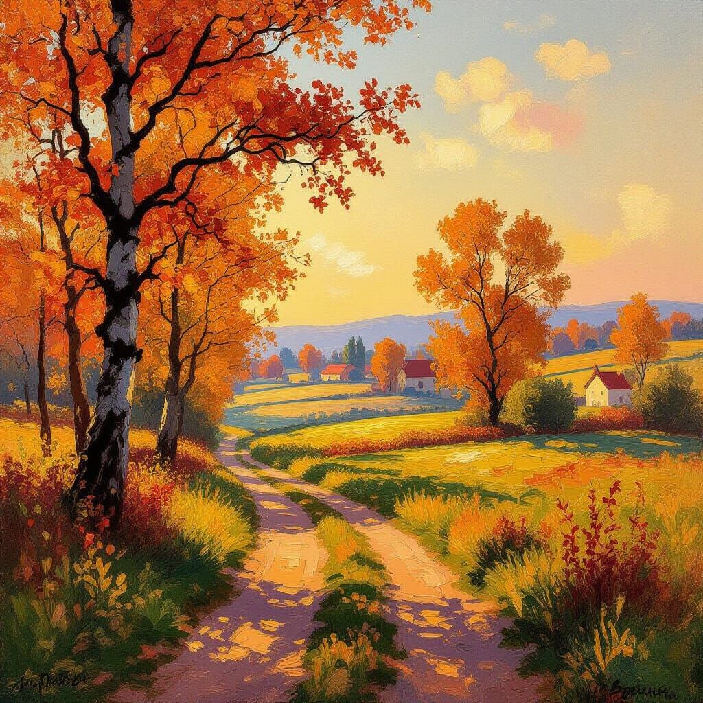 Golden Autumn Landscape in Impressionist Style