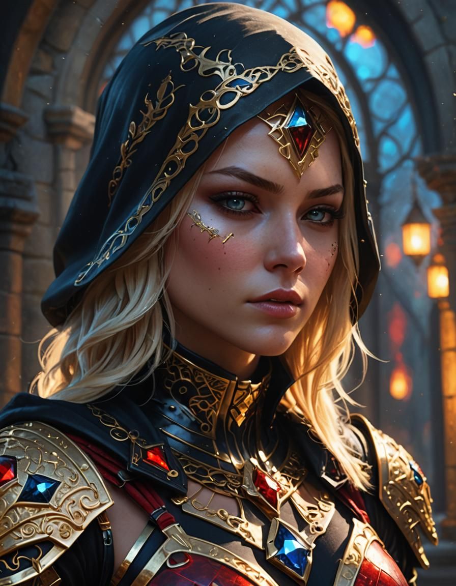 Female Assassin in Black and Gold Suit, Digital Art