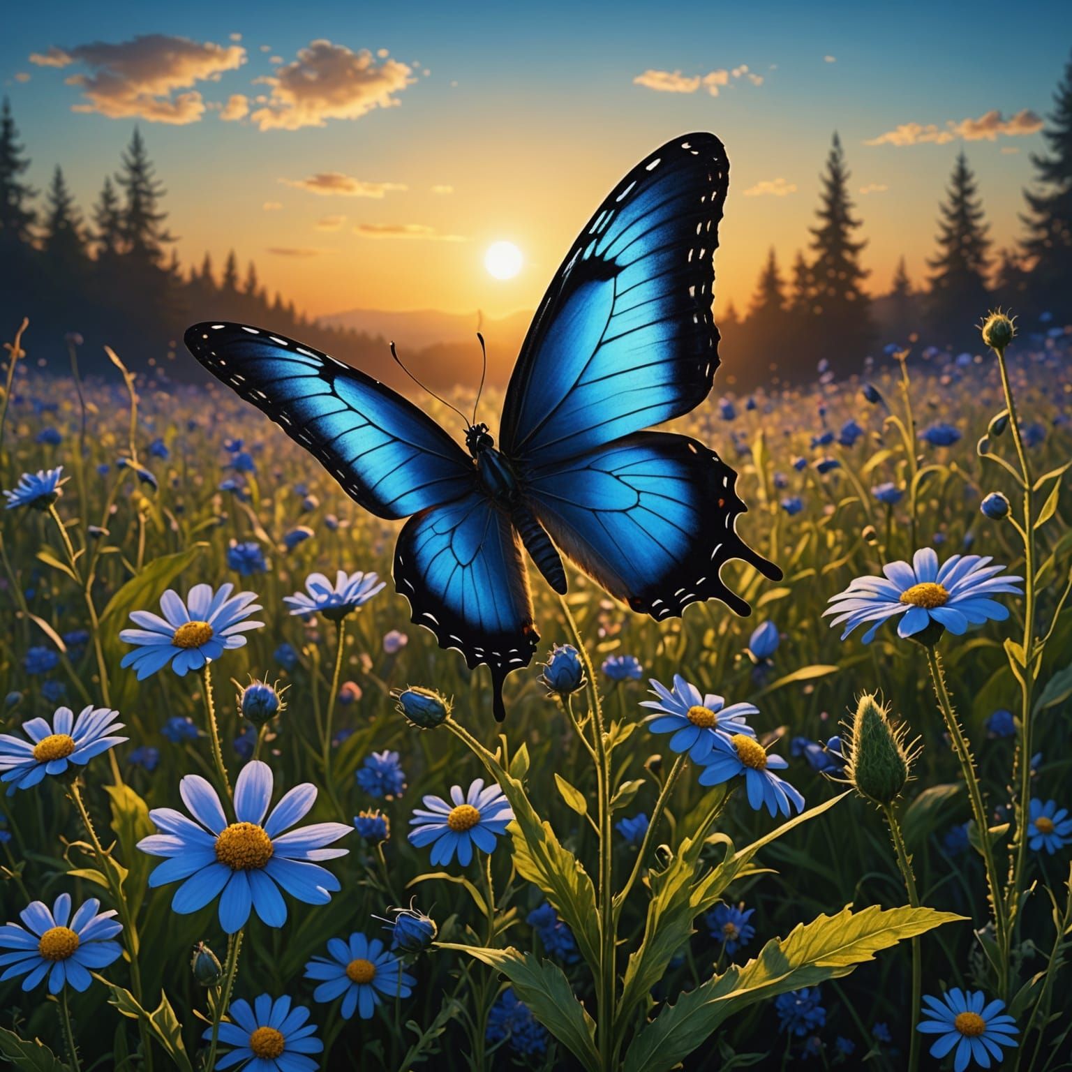 Wildflowers at Sunrise: A Surreal Digital Tapestry