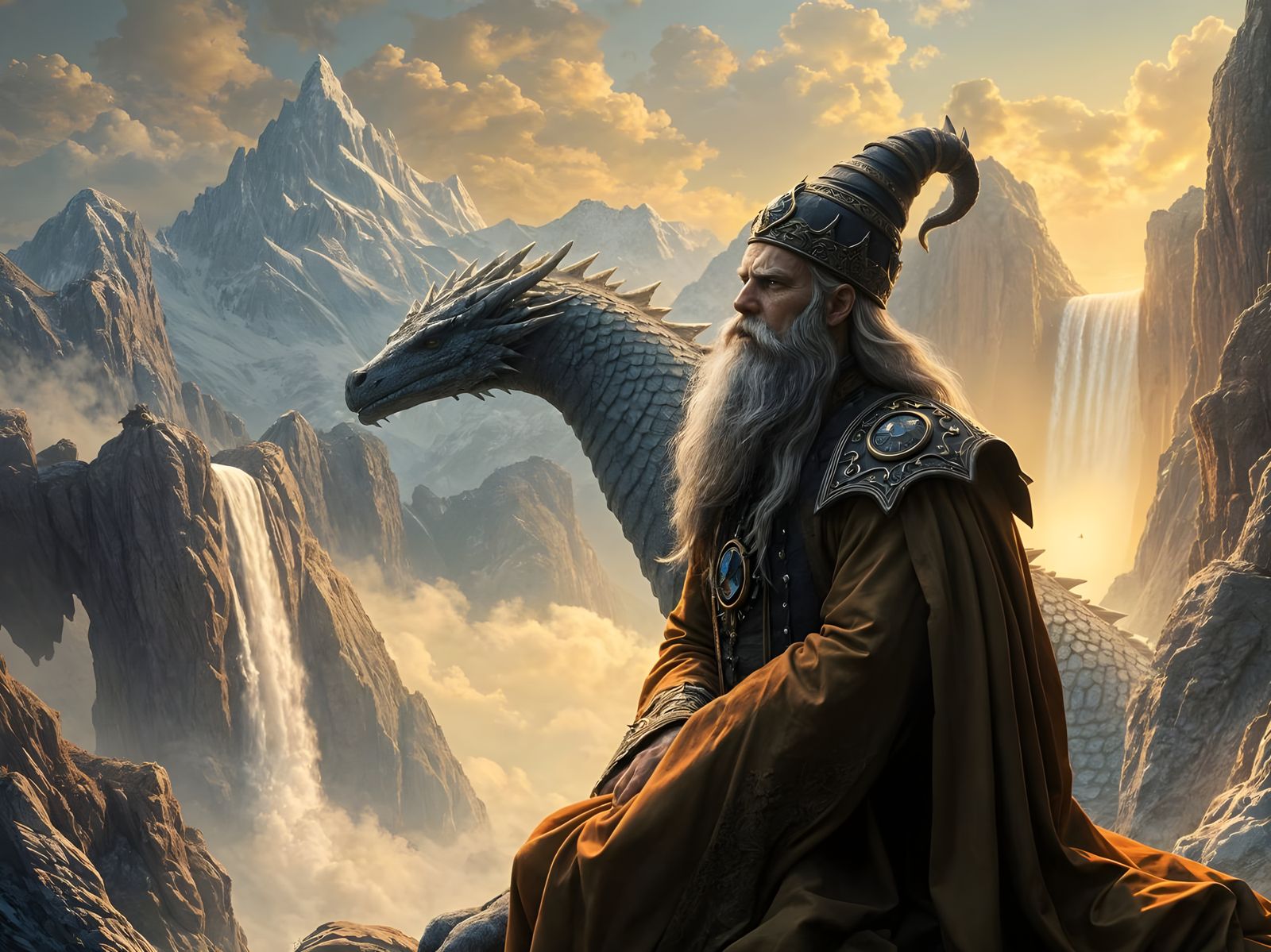 Majestic Wizard and Dragon Contemplate Life in Fantasy Art
