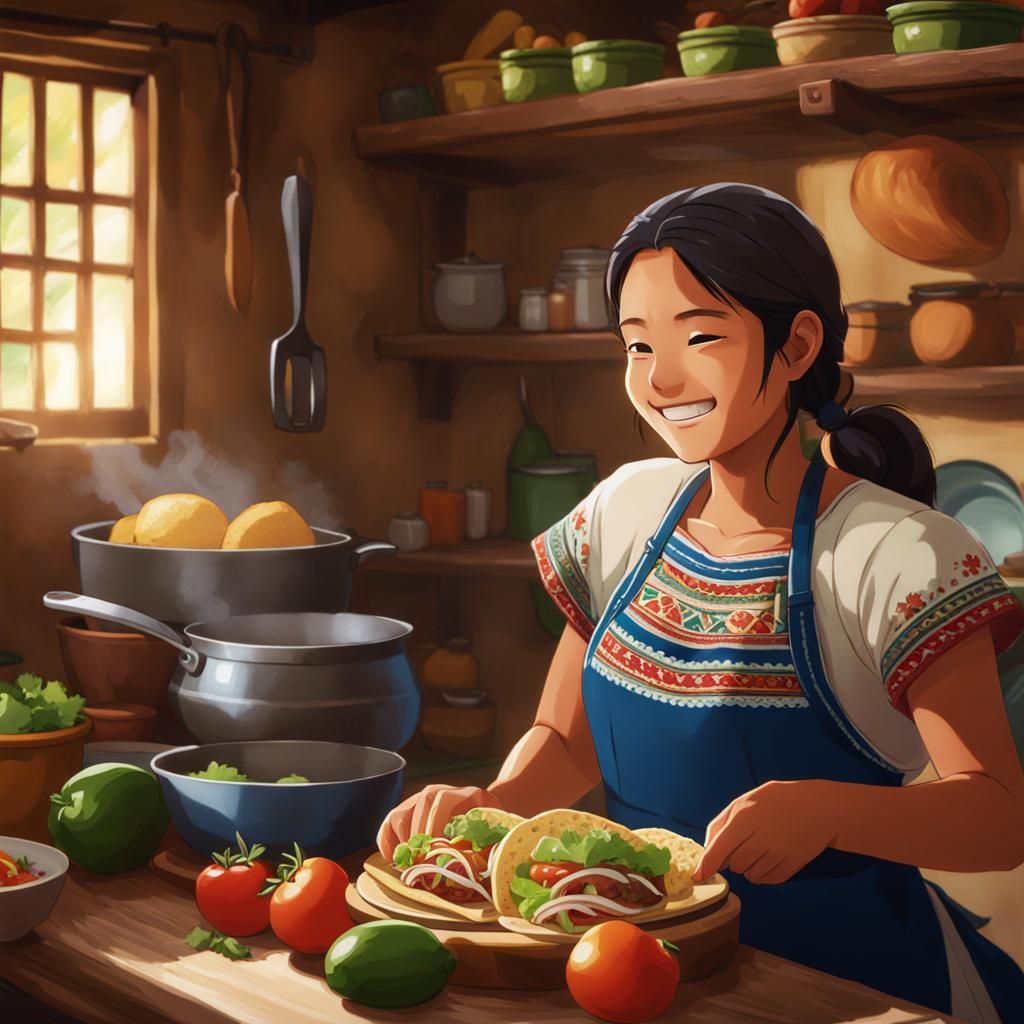 Happy Teen Making Tacos in Anime Style