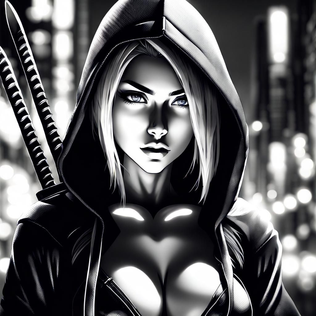 Anime Assassin in Night City, Black and White Portrait