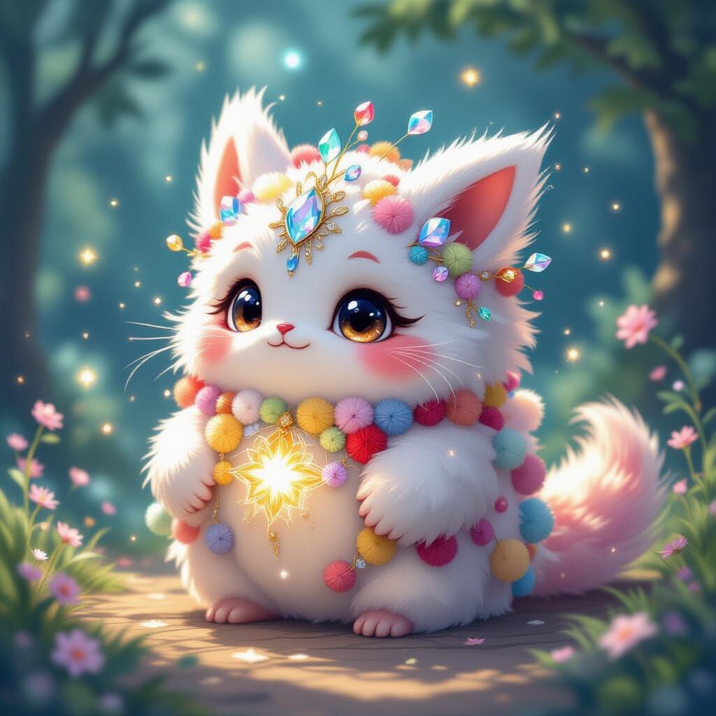 Whimsical Pom Pom Creature with Crystals, Dreamlike Art