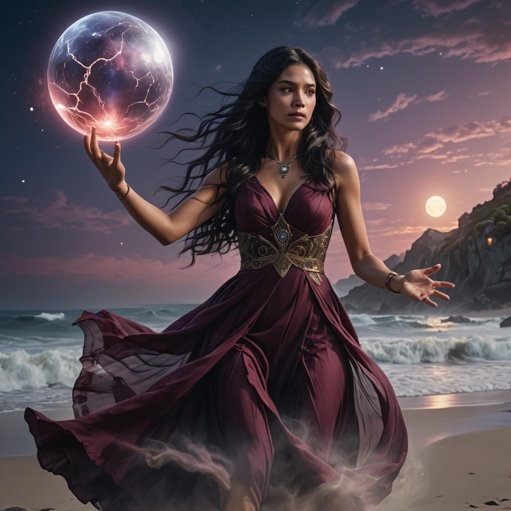 Mystical Woman Holding Energy Orb on Beach
