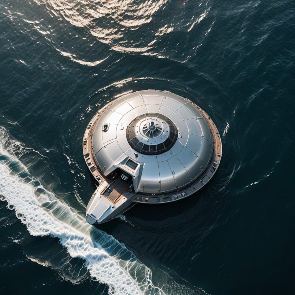 Silver UFO Emerges from Ocean: Bird's Eye View