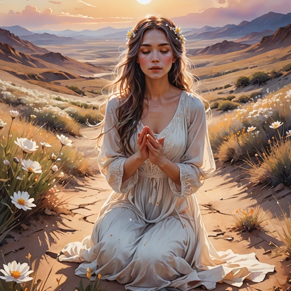 Girl Begging for Rain in a Barren Landscape