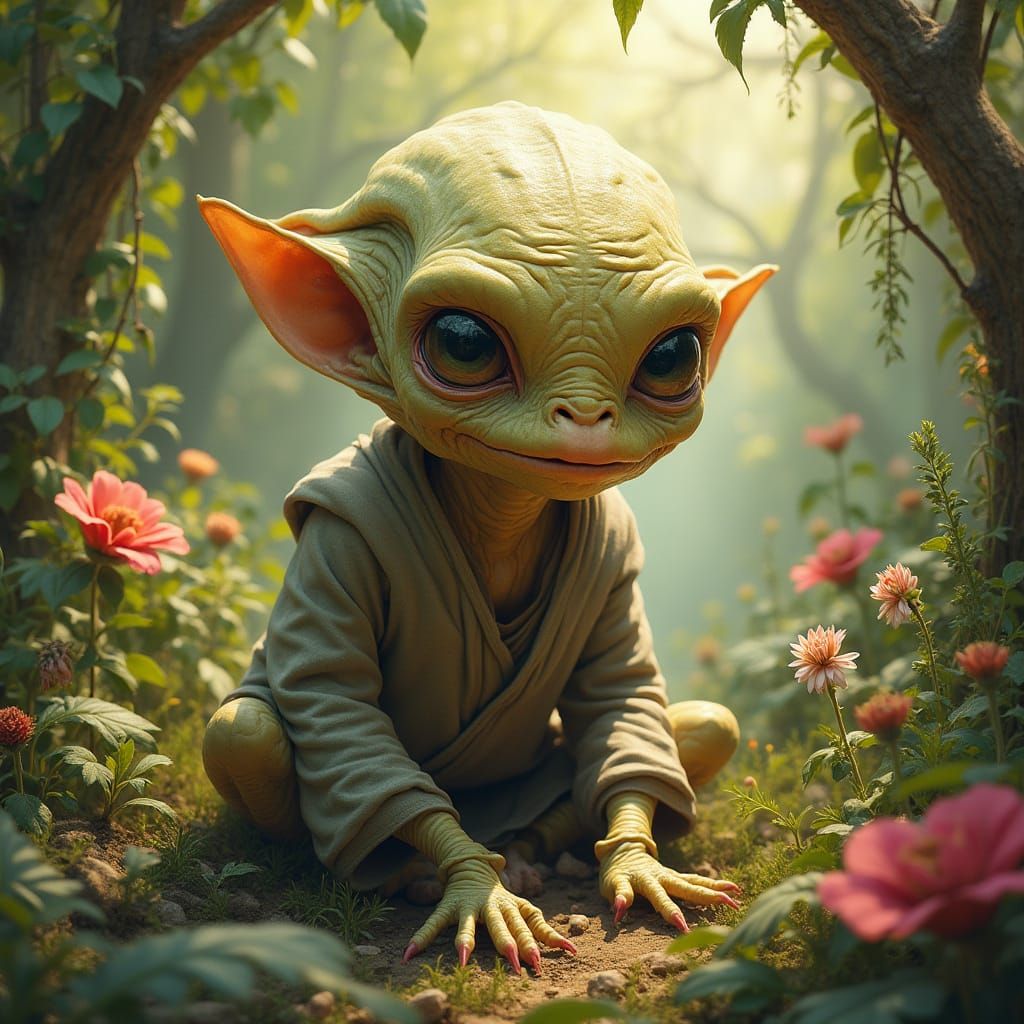 Wise Old Alien in Tranquil Garden