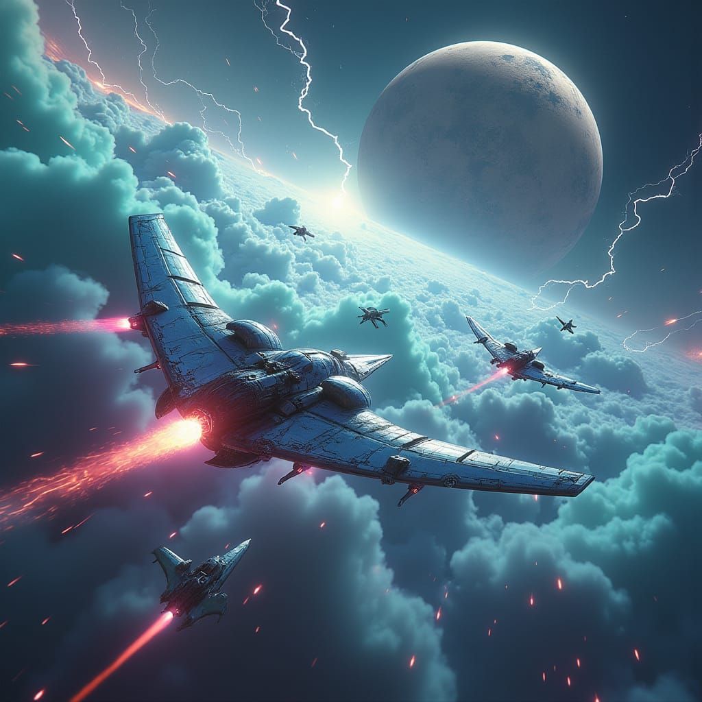 Epic Aerial Battle on Gaseous Planet in Sci-Fi Style