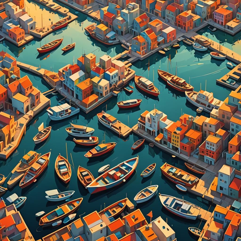 Surreal Cubist Harbour Landscape under Golden Sunset