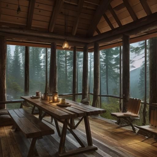 Outdoorsman Building Cabin in Forest Landscape Painting