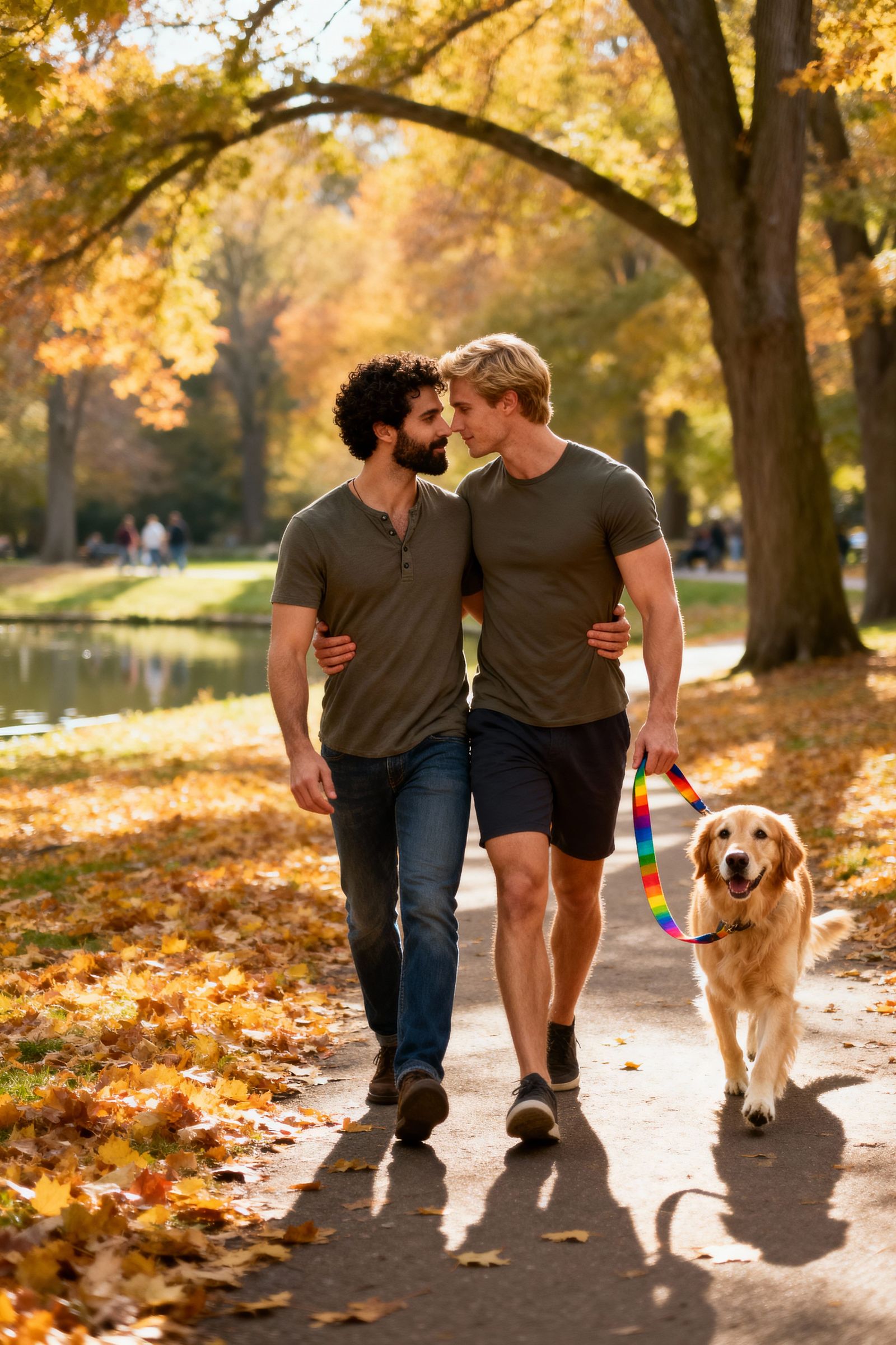 Couple Embraces on Autumn Park Path with Dog
