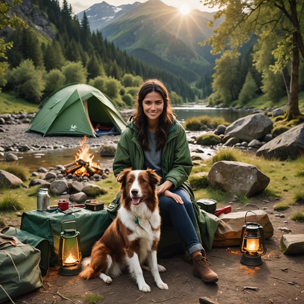 Woman and Border Collie Camping by River
