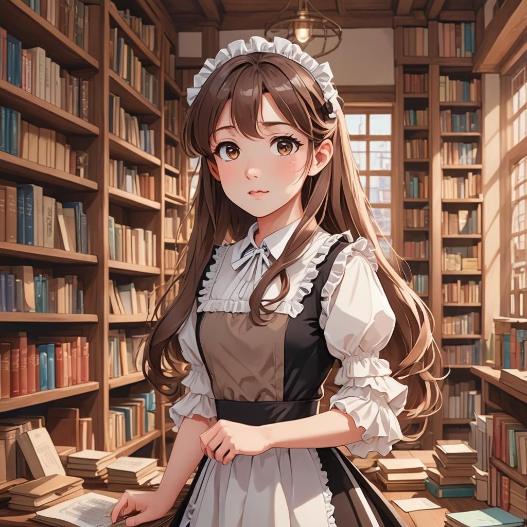 Whimsical Young Girl in French Maid Costume in Cozy Library