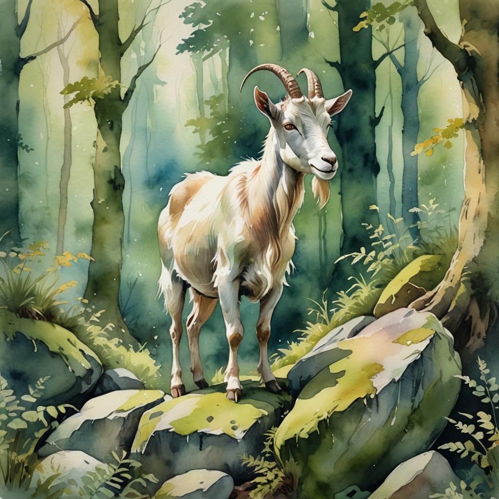 Goat in Forest Clearing, Whimsical Watercolor Art