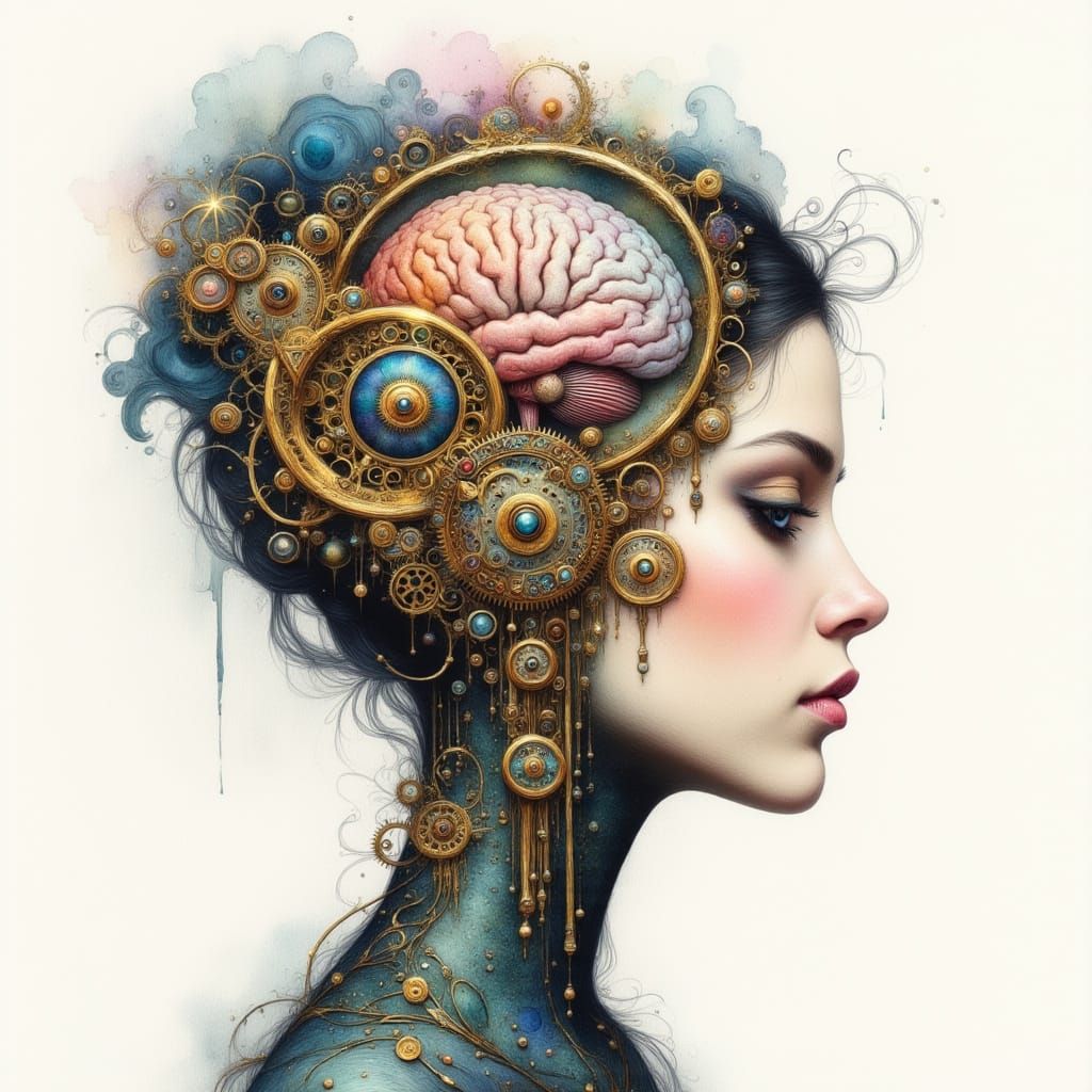 Surreal Watercolor Head with Steampunk Cogs and Brain
