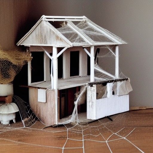 Dusty Dollhouse in Abandoned Attic with Cobwebs