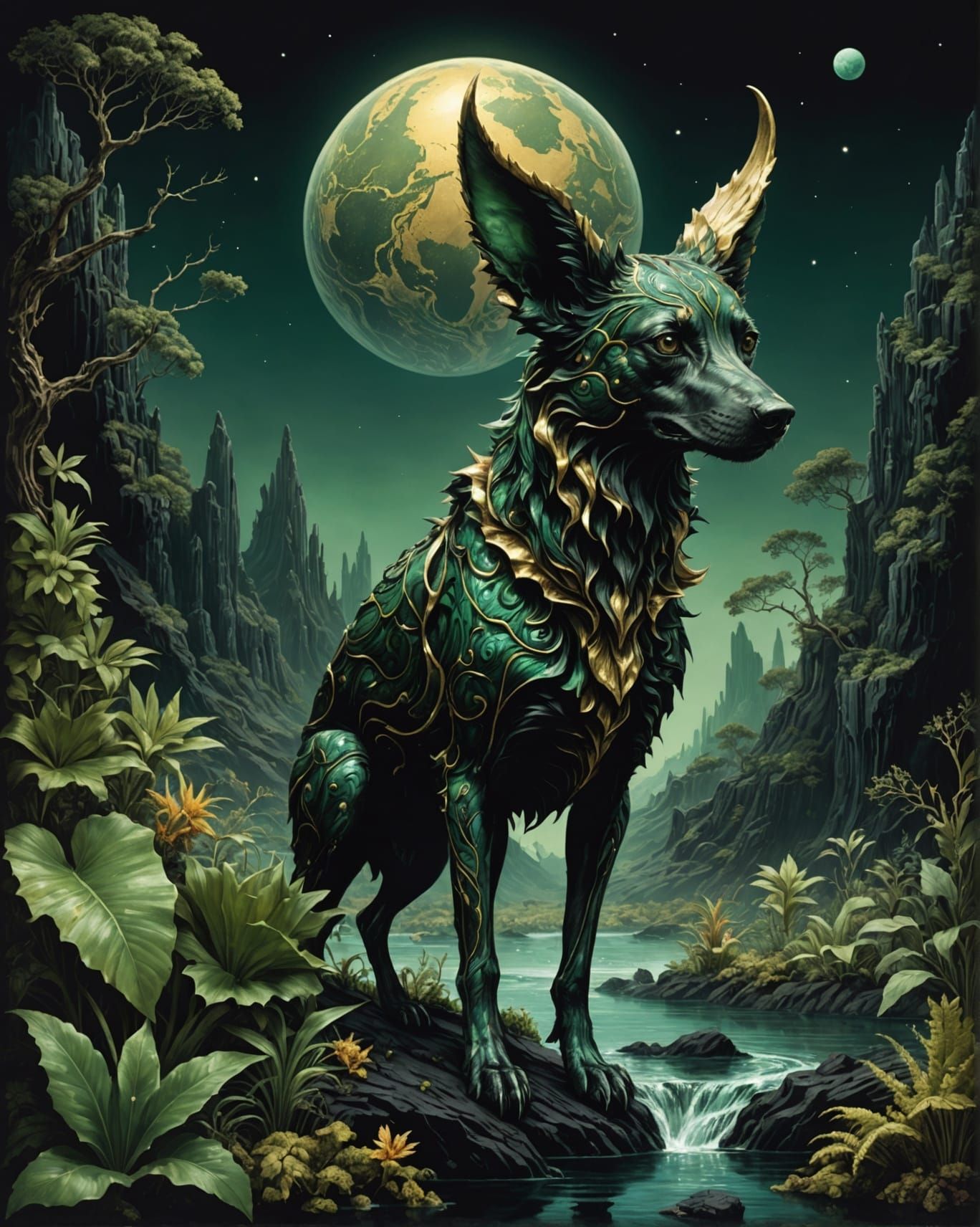 Surreal Alien Landscape with Dog-like Creature