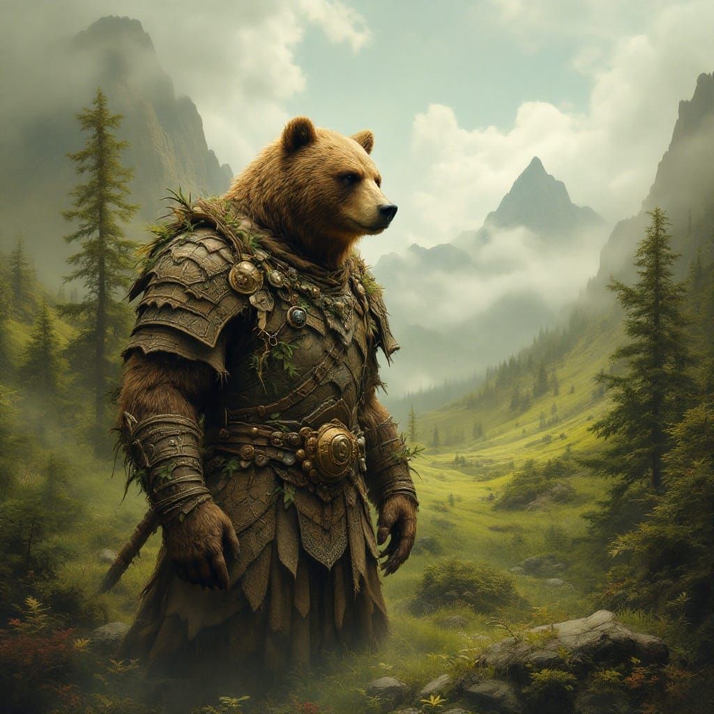 Mystical Bear Warrior in Surreal Green Landscape