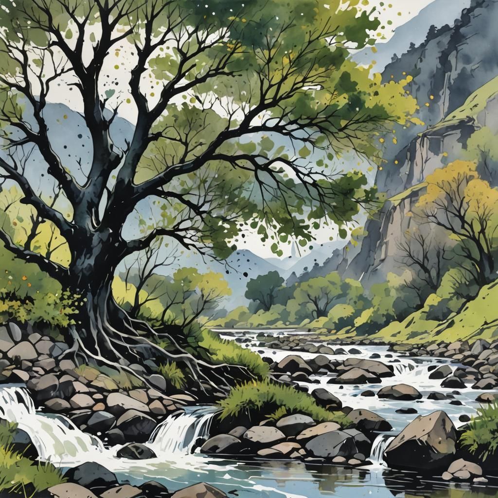 Minimalist Ink Splatter Tree Landscape