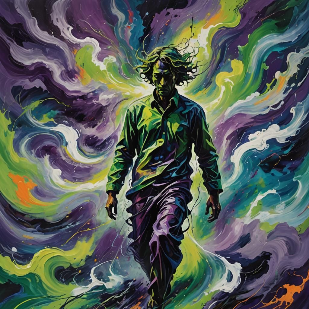 Psychedelic Storm with Distorted Figure in Abstract Expressi...