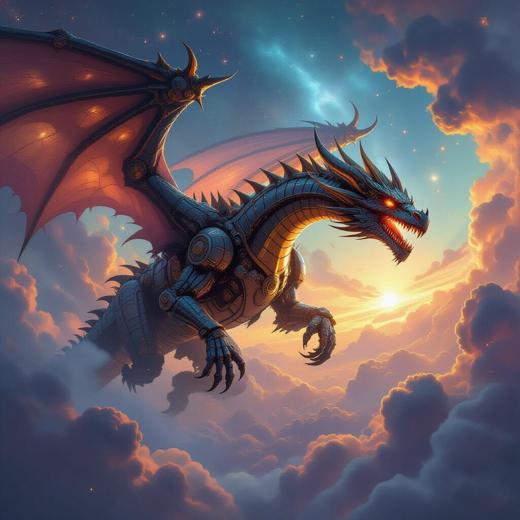 Clockwork Dragon Soaring Through Cosmic Nebula