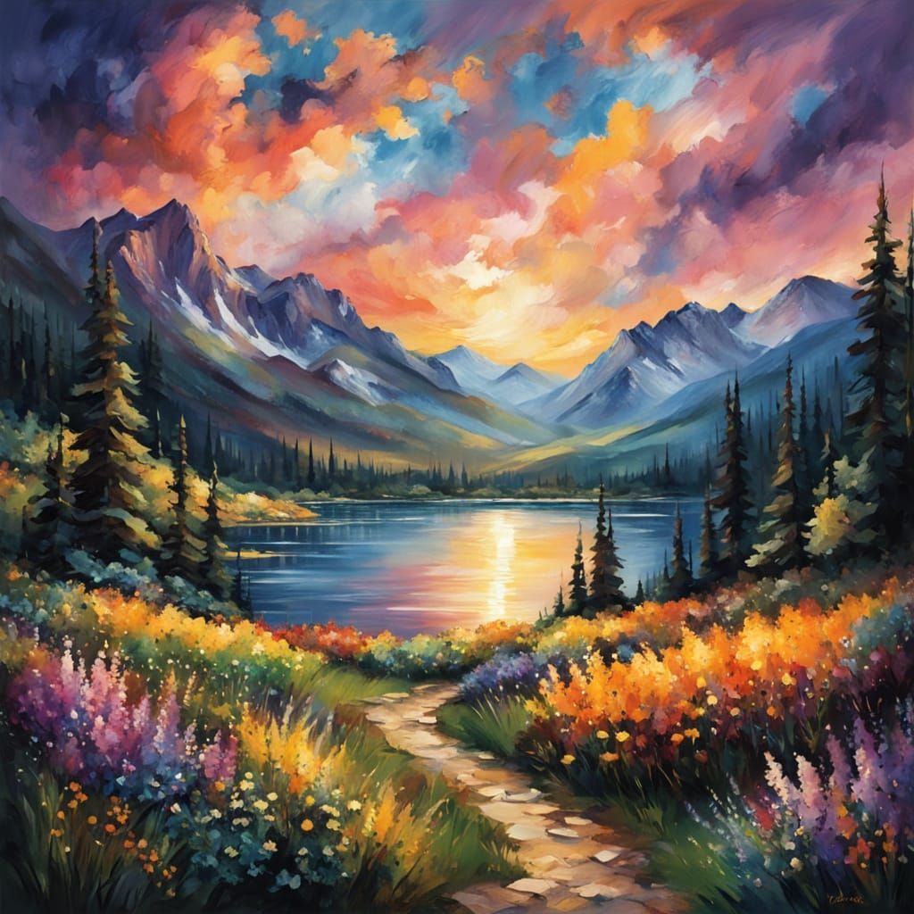 Rocky Mountain Landscape in Impressionist Watercolor Style