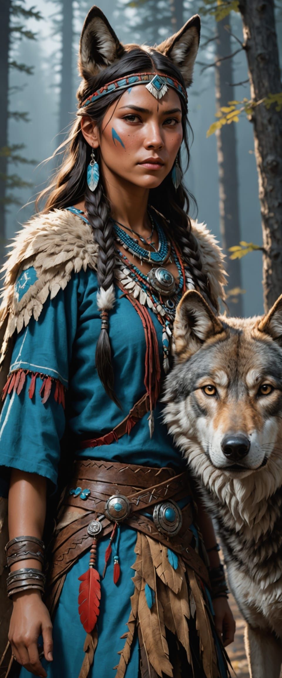 Native American maiden with wolf companion