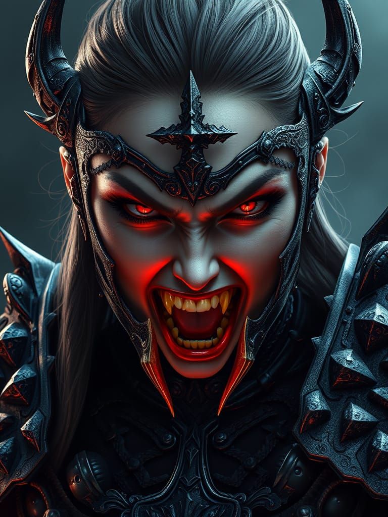 Intense Female Warrior in Dark Gothic Armor