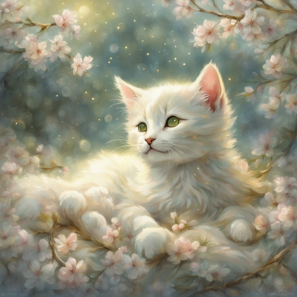 Adorable Baby Kitten Under Cherry Blossom Christmas Tree
