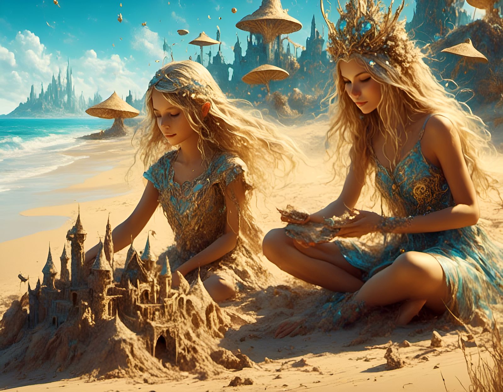 Girls Build Sandcastle in Bioluminescent Fantasy Landscape