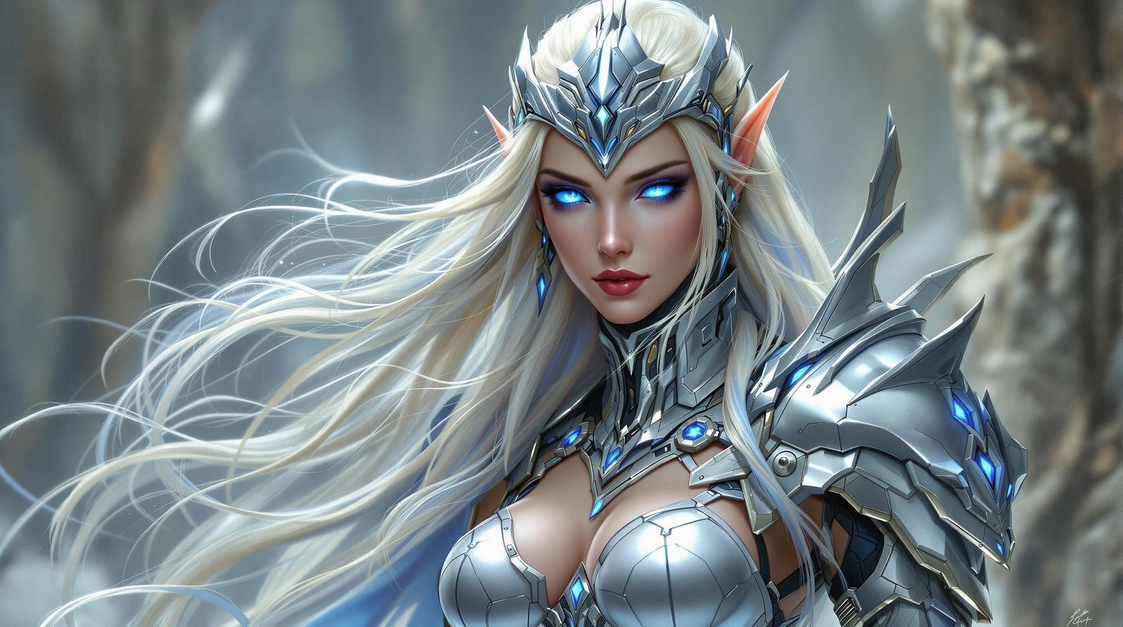 A female elf artificer with blonde and blue hair